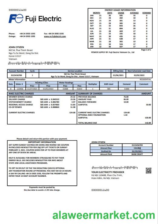 Vietnam Fuji Electric Vietnam Co. utility bill template in Word format